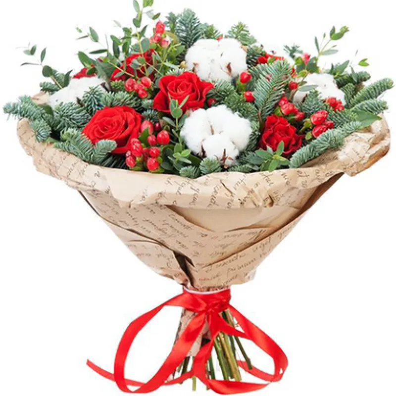 Букет Новогодний из красных роз с хлопком, доставка Андреевское